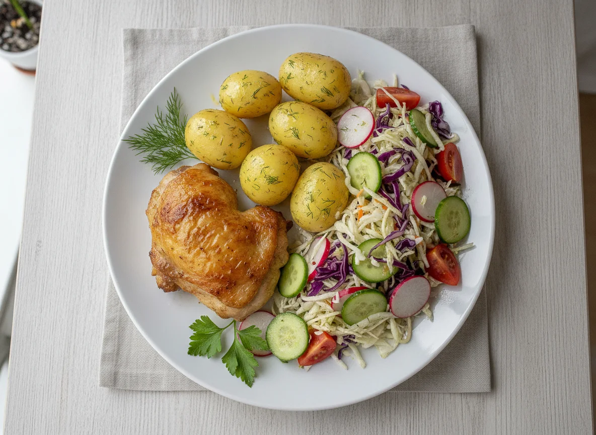 Запеченная курица с молодым картофелем и овощным салатом photo