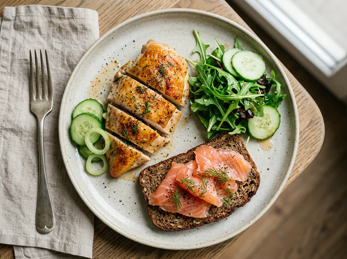Запеченная курица с огурцом, рукколой и бутербродом с лососем photo