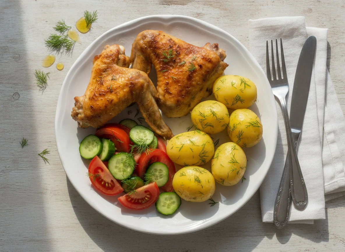 Запеченная курица с отварным картофелем и овощным салатом photo