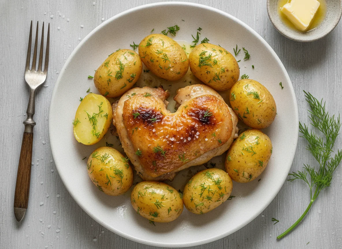 Запеченная курица с отварным картофелем и укропом photo