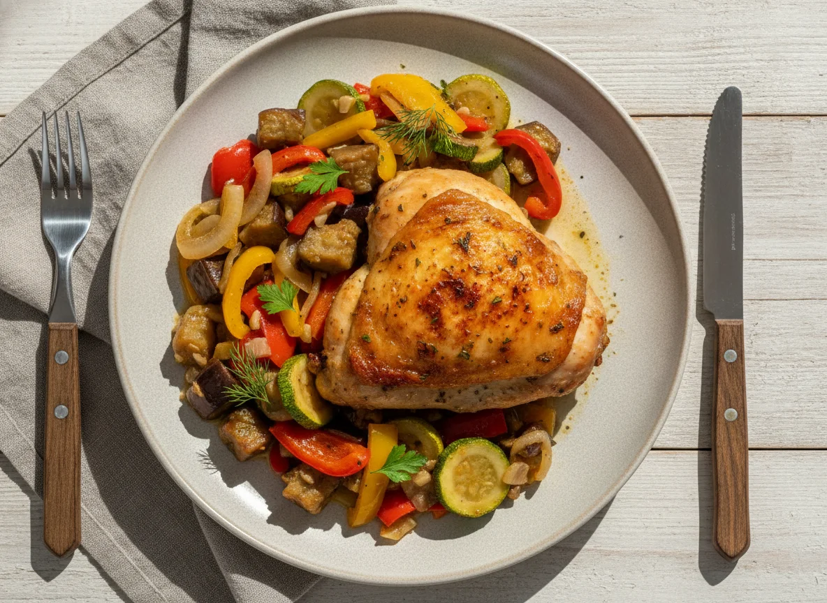 Запеченная курица с овощным рагу photo