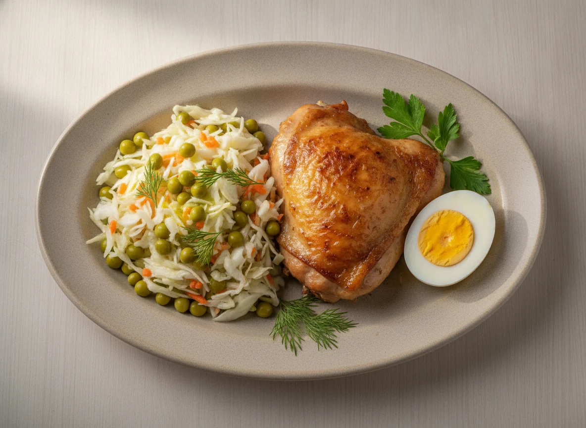 Запеченная курица с овощным салатом и яйцом photo