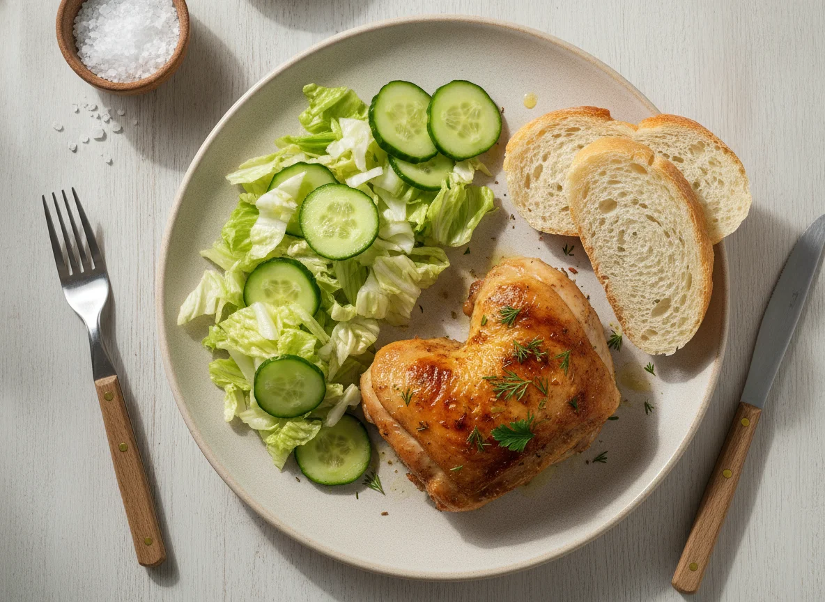 Запеченная курица с овощным салатом и хлебом photo