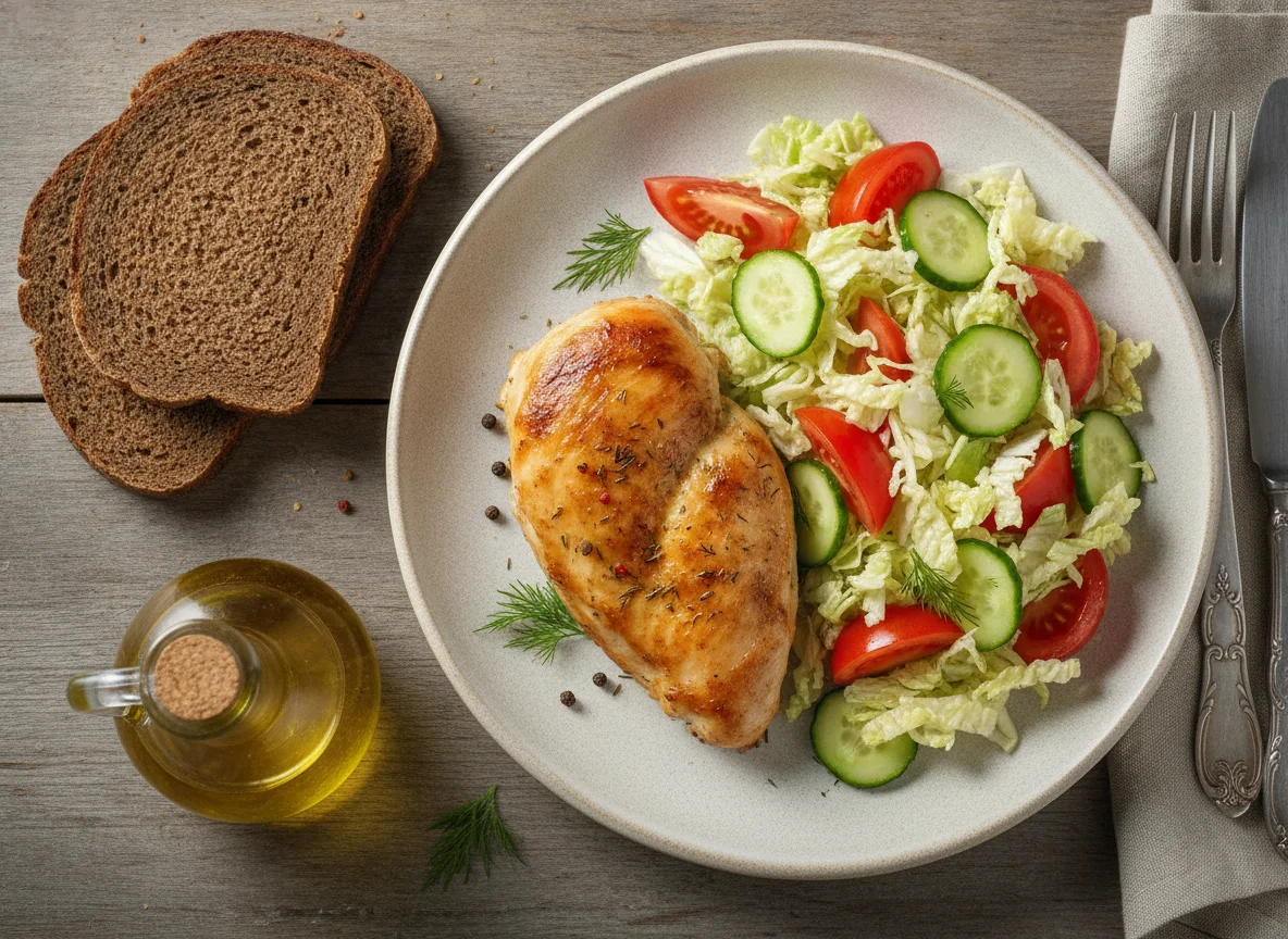 Запеченная курица с овощным салатом и ржаным хлебом photo