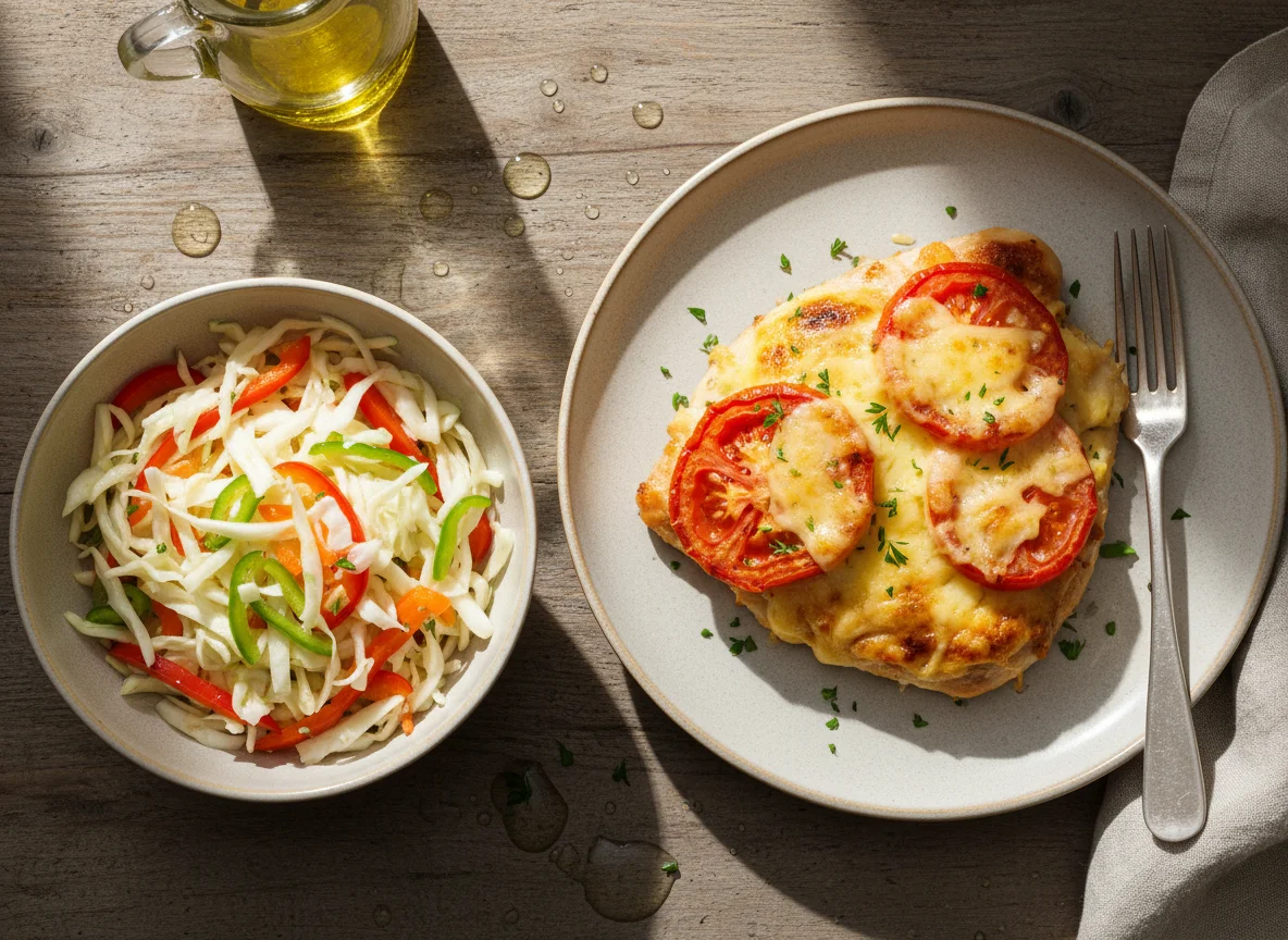 Запеченная курица с помидорами и сыром и салат из капусты photo