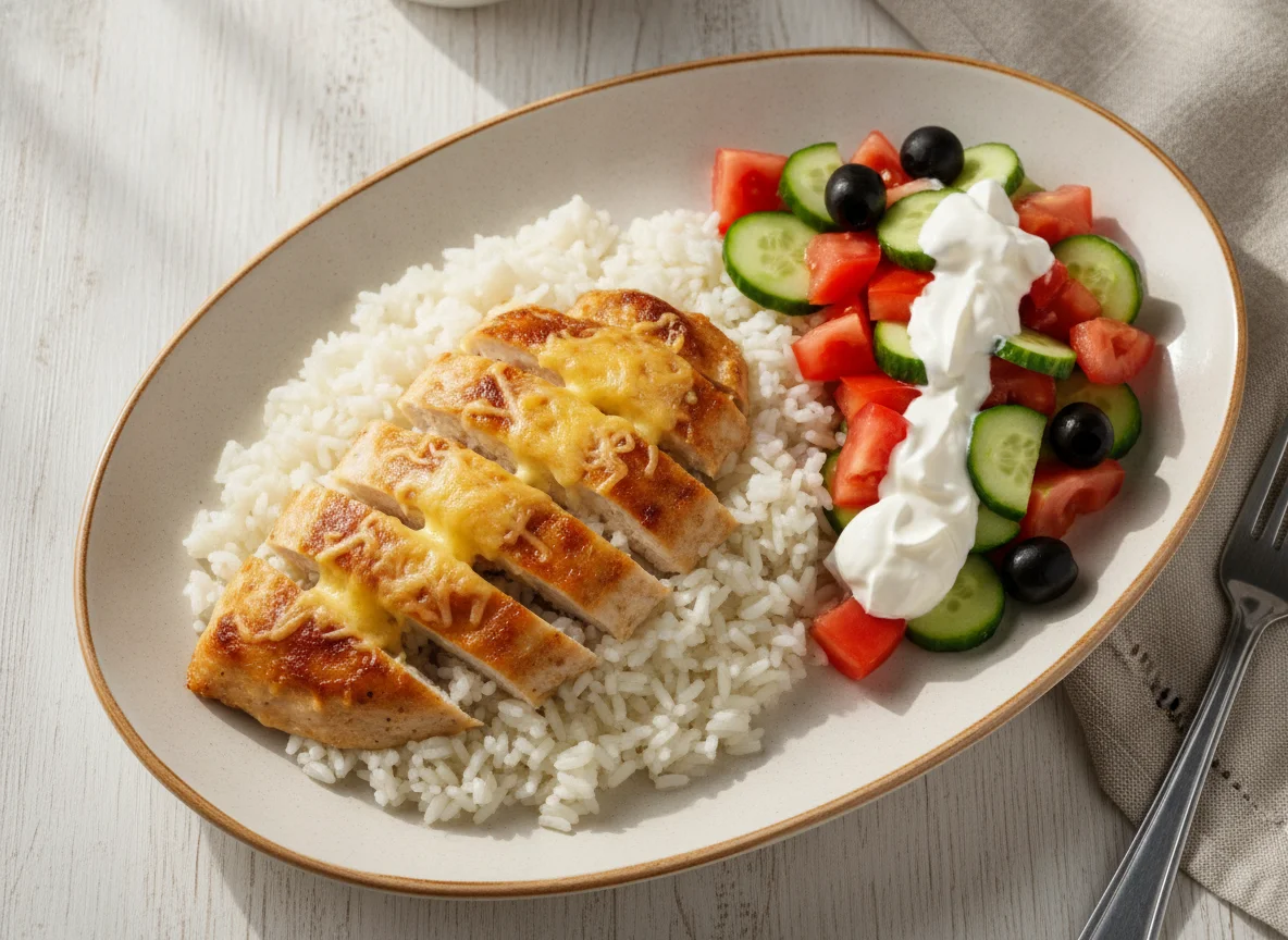 Запеченная курица с рисом и овощным салатом photo