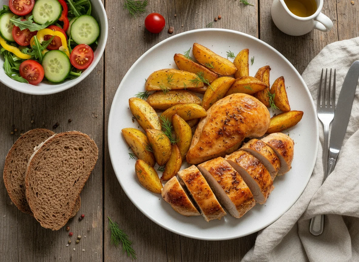 Запеченная курица с жареным картофелем и овощным салатом photo