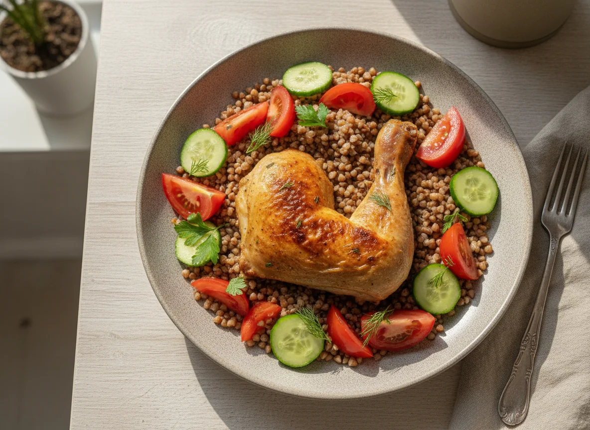 Запеченная куриная голень с гречкой и овощным салатом photo