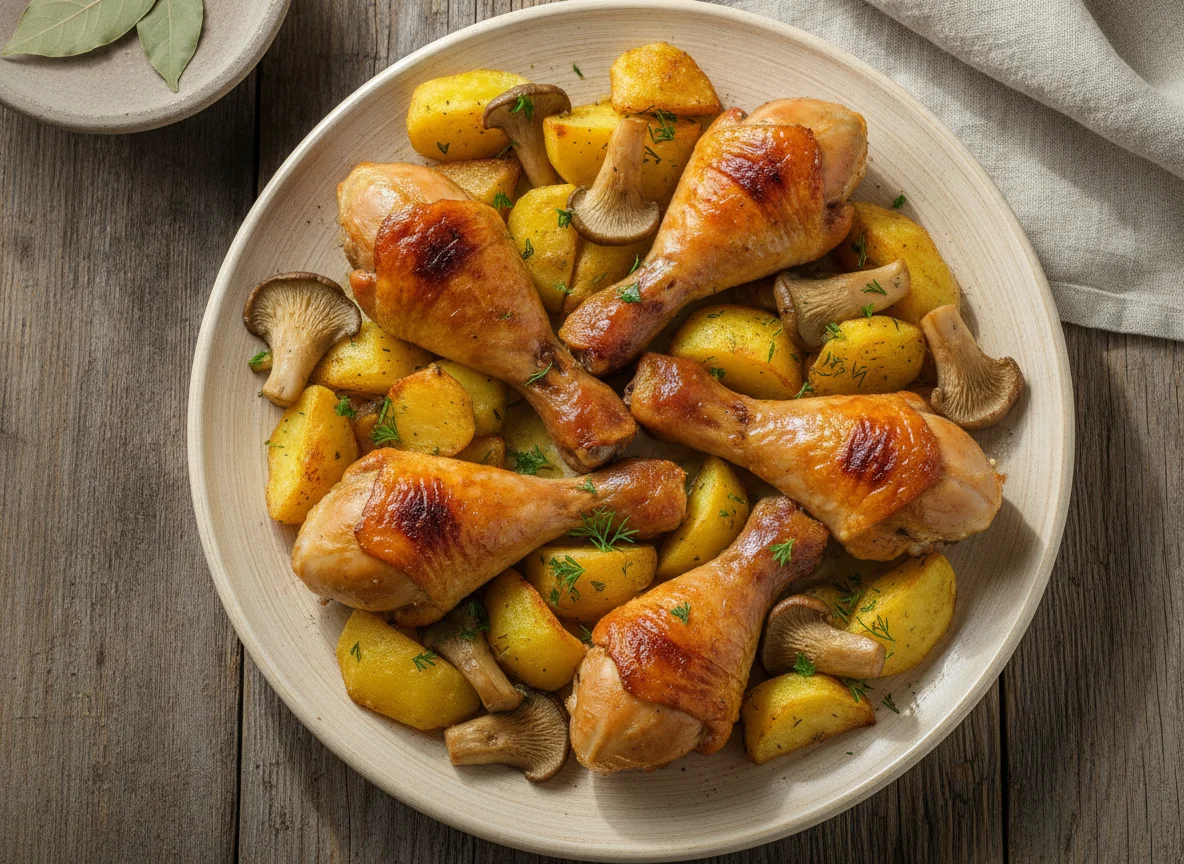 Запеченная куриная голень с картофелем и грибами photo