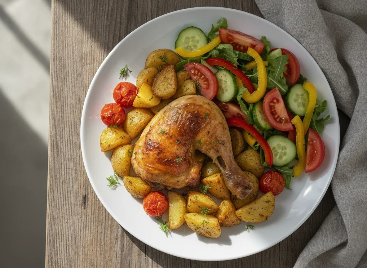 Запеченная куриная голень с картофелем и овощным салатом photo