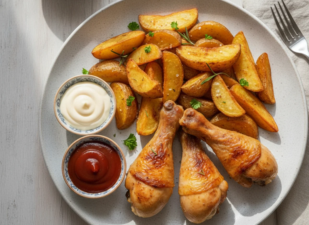 Запеченная куриная голень с картофелем и соусами photo