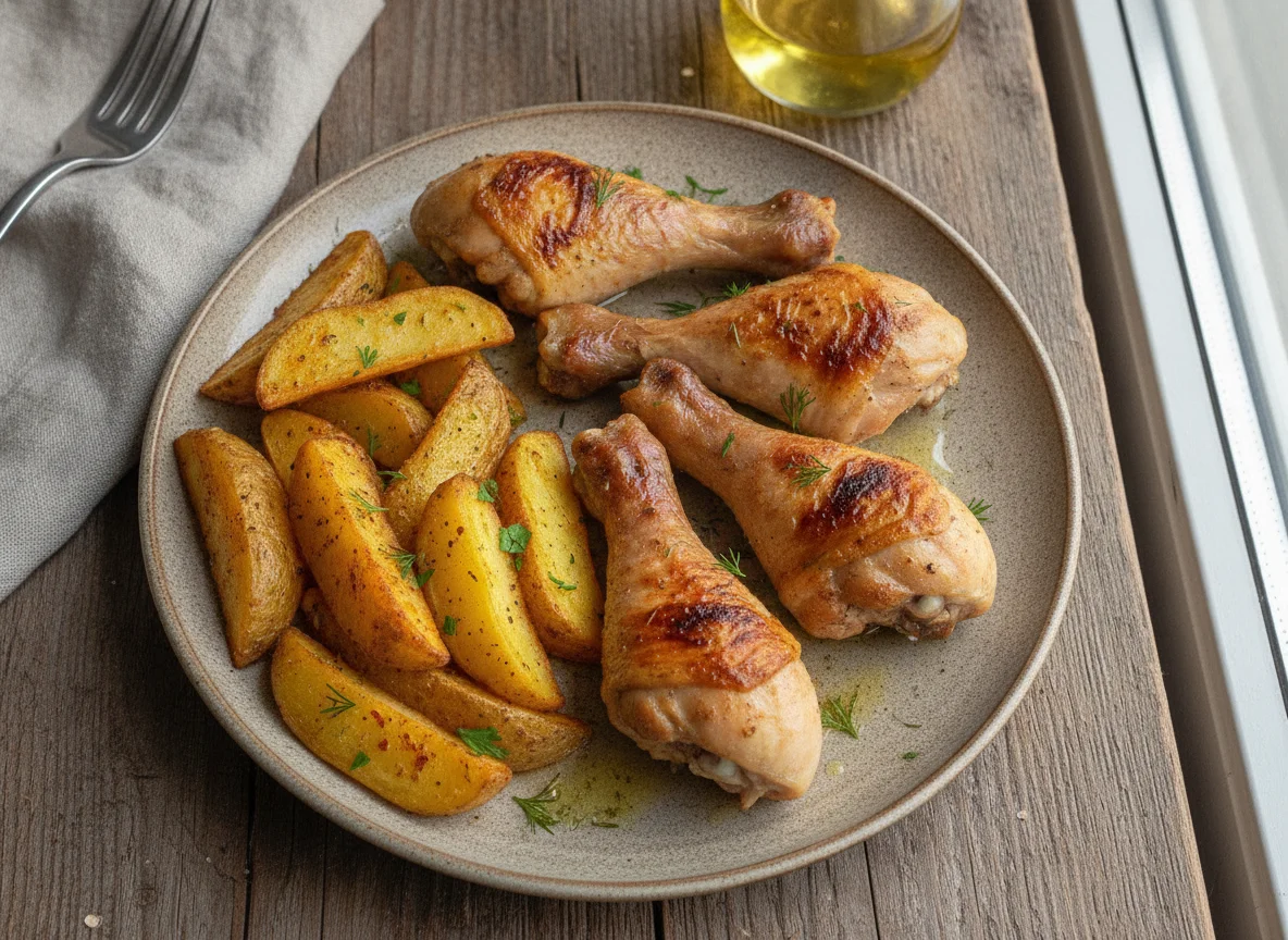 Запеченная куриная голень с картофельными дольками photo