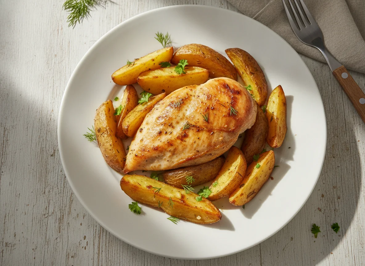 Запеченная куриная грудка с картофельными дольками photo