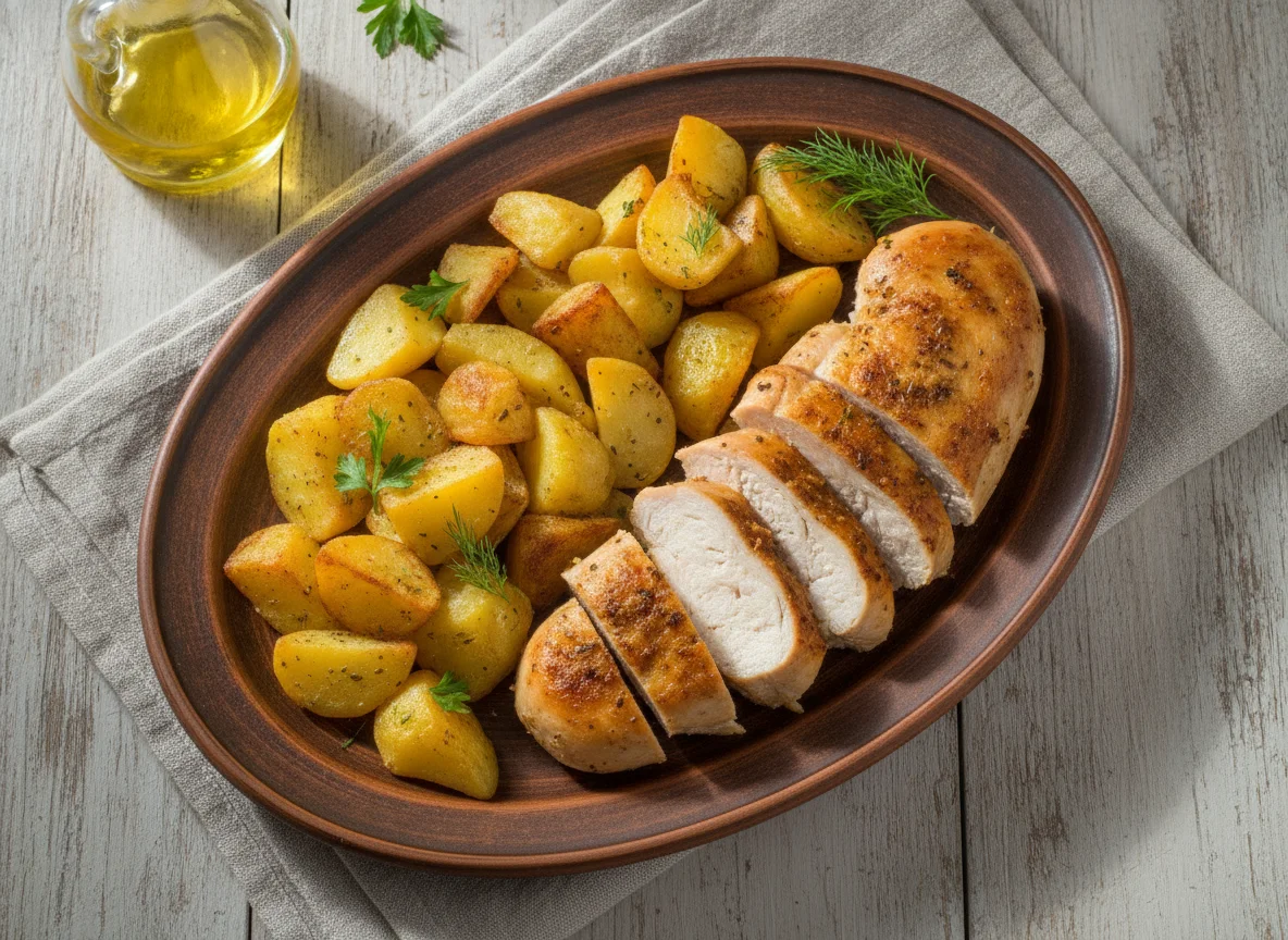 Запеченная куриная грудка с жареным картофелем photo