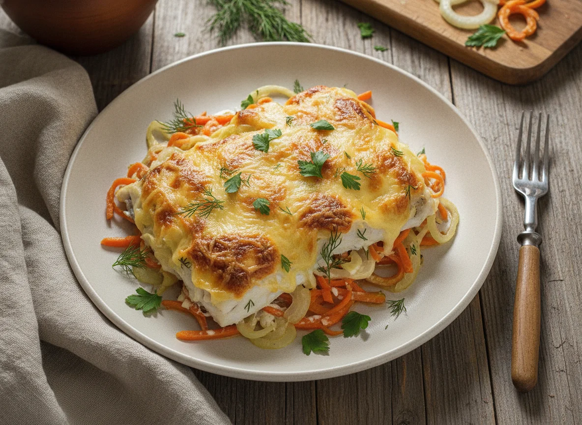 Запеченная рыба под овощами и сыром photo