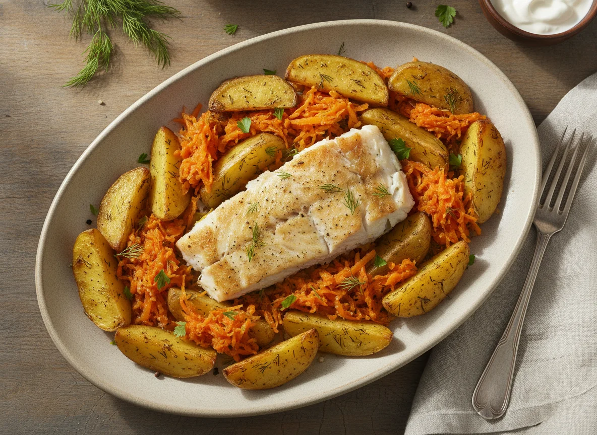 Запеченная рыба с картофелем и морковью photo