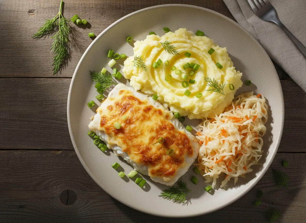 Запеченная рыба с картофельным пюре и квашеной капустой photo