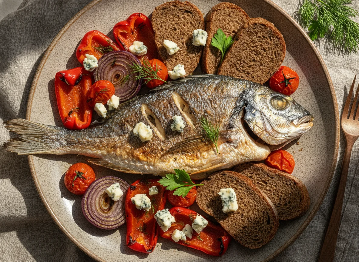 Запеченная рыба с овощами и хлебом photo