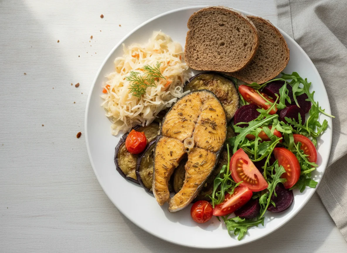 Запеченная рыба с овощами и салатом photo