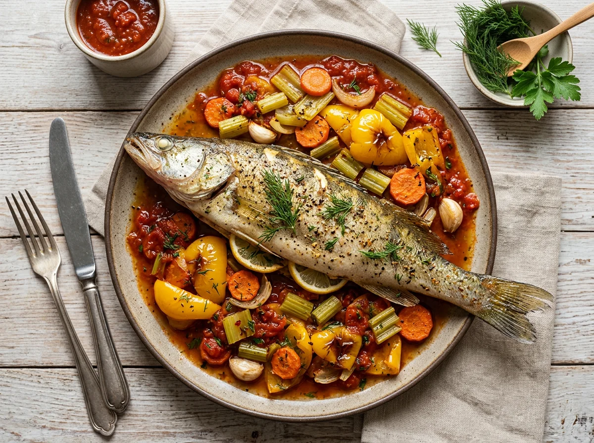 Запеченная рыба с овощами и соусом photo