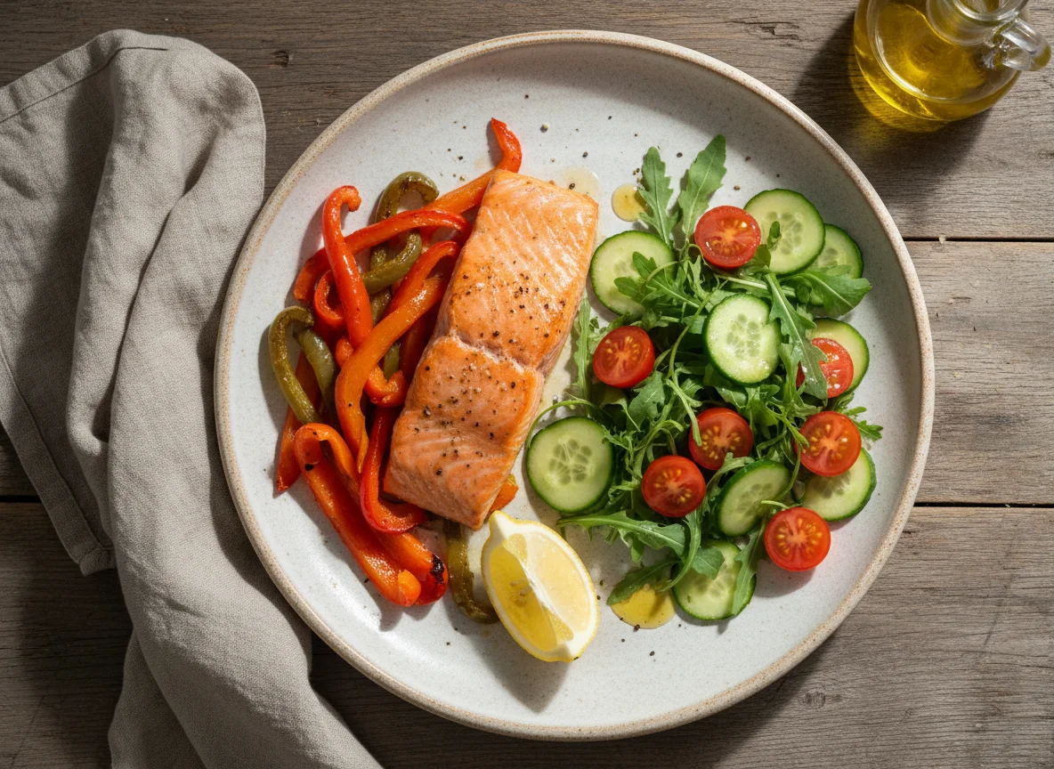 Запеченная рыба с овощами и свежим салатом photo