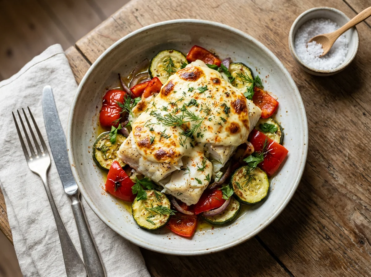 Запеченная рыба с овощами и сыром photo