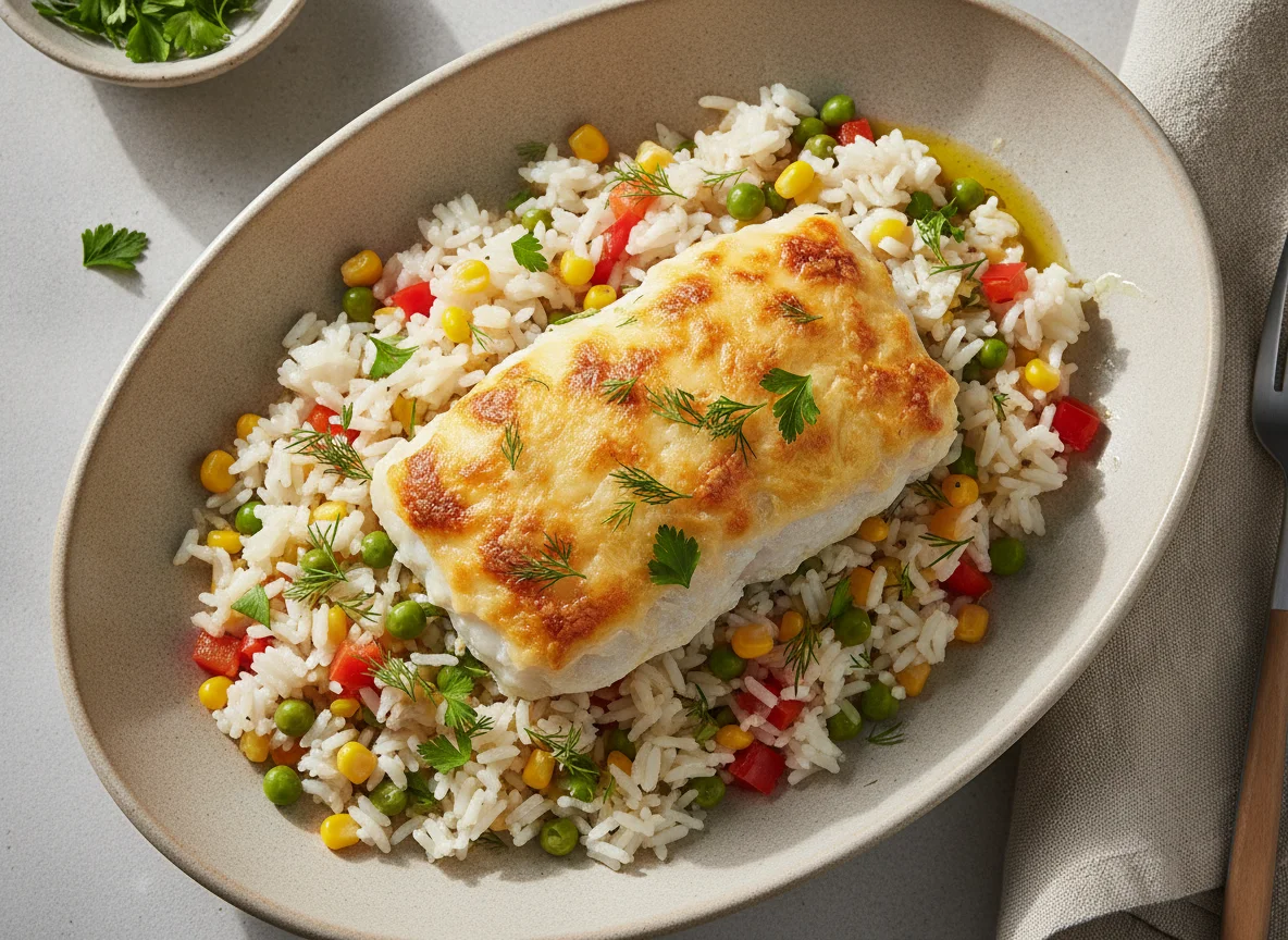 Запеченная рыба с рисом и овощами photo