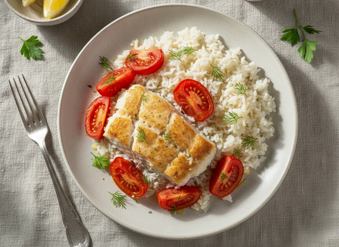 Запеченная рыба с рисом и помидорами photo