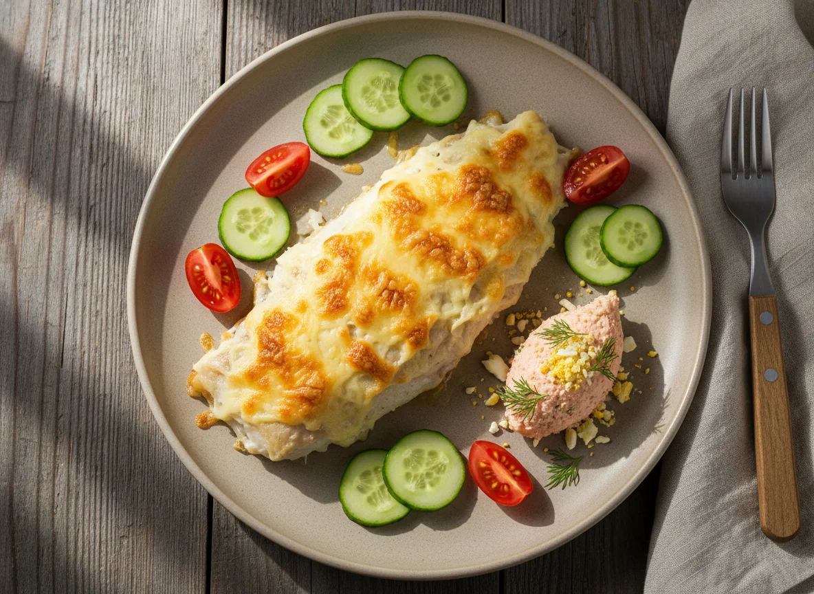 Запеченная рыба с сыром и огурцами photo