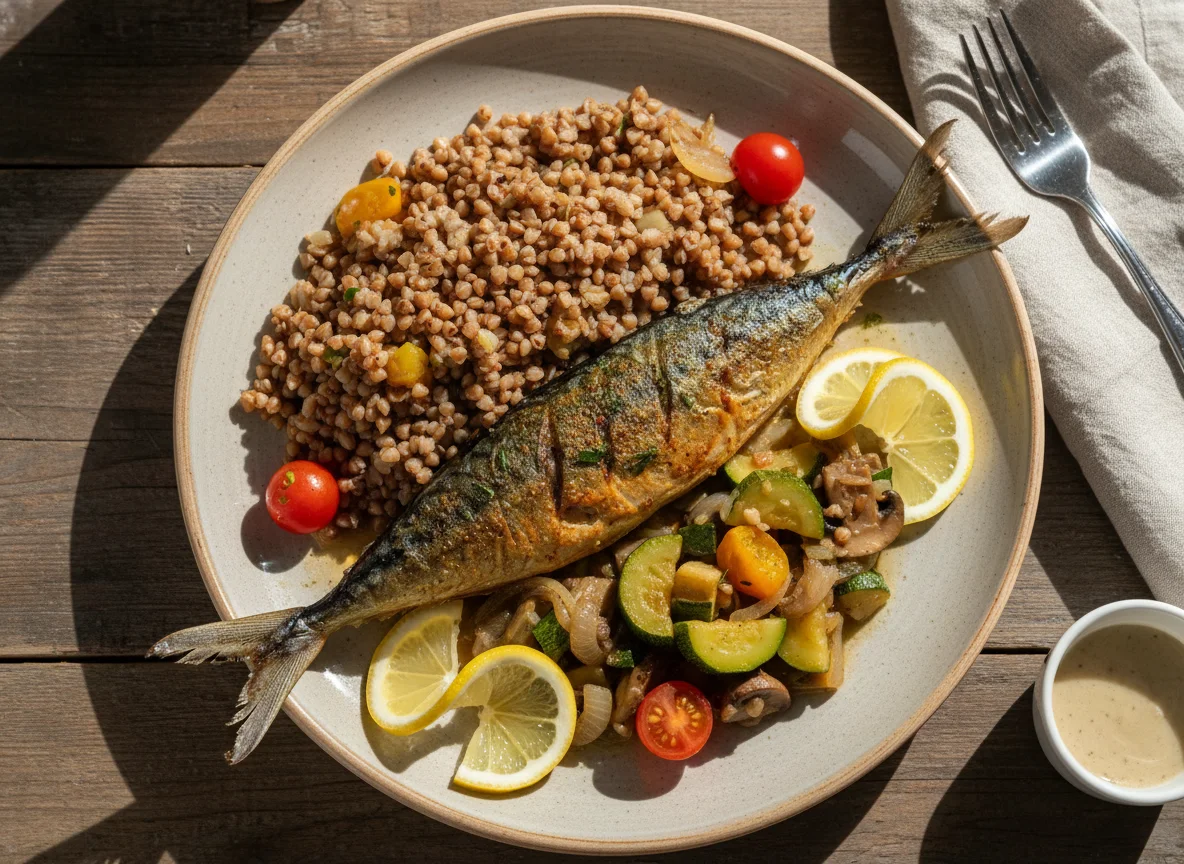Запеченная скумбрия с гречкой и овощами photo