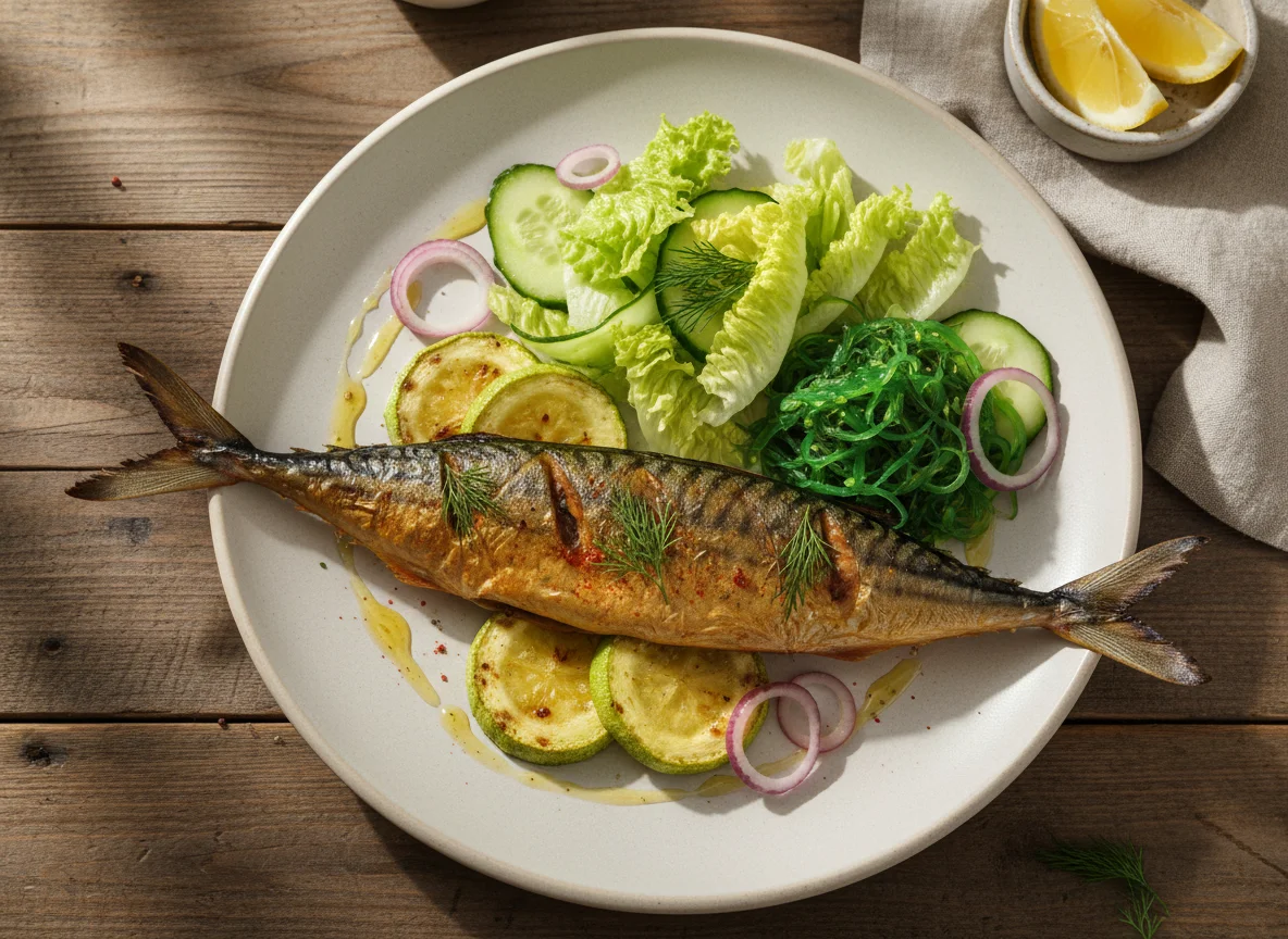 Запеченная скумбрия с овощами и салатом photo