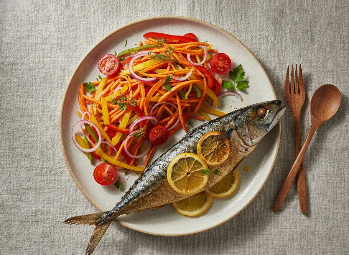 Запеченная скумбрия с овощным салатом photo