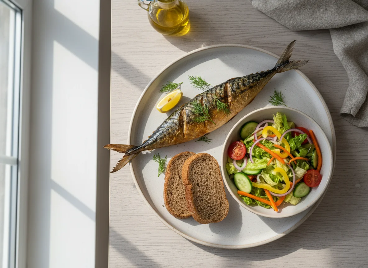 Запеченная скумбрия с овощным салатом и хлебом photo