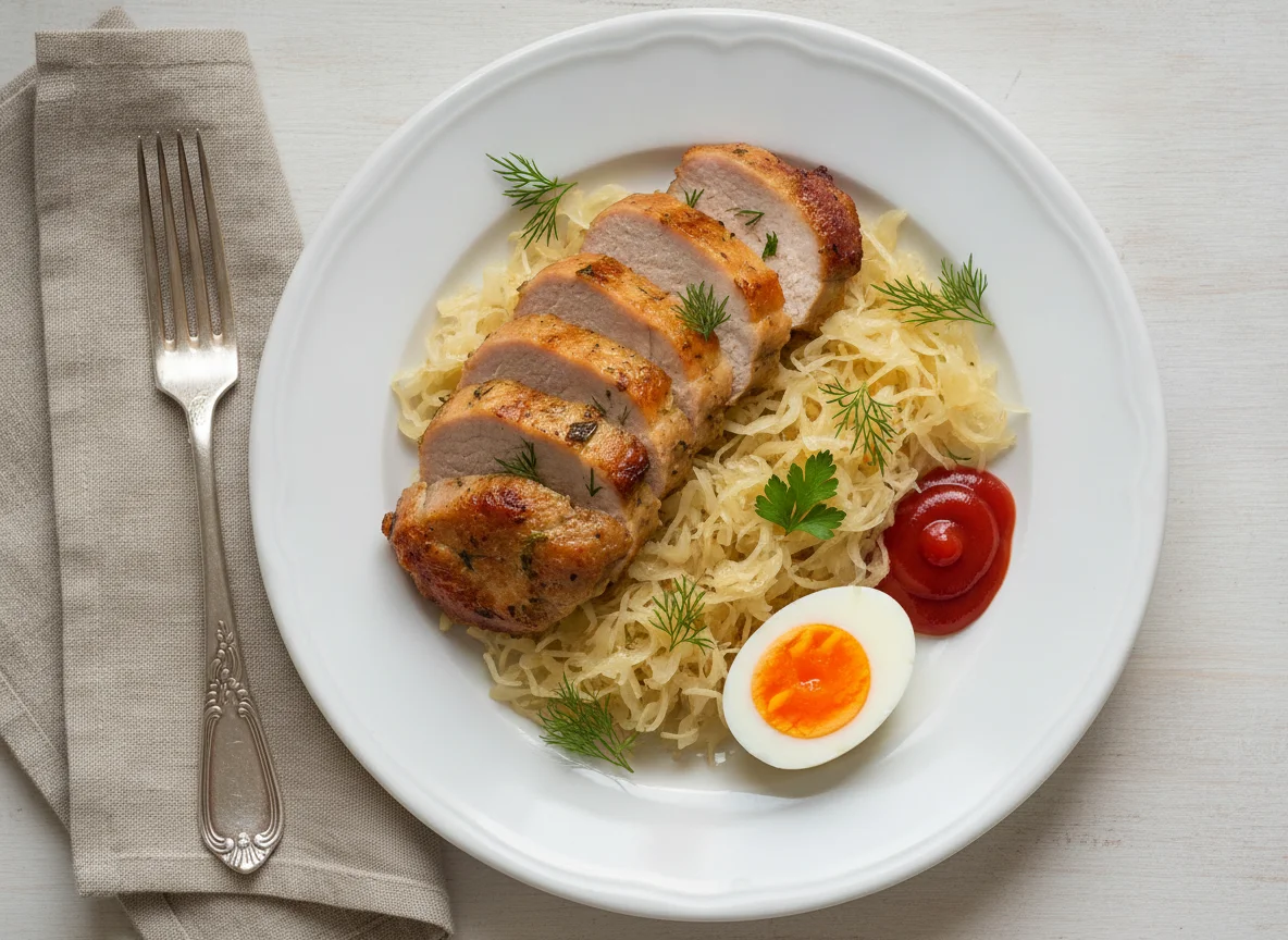 Запеченная свинина с квашеной капустой и яйцом photo