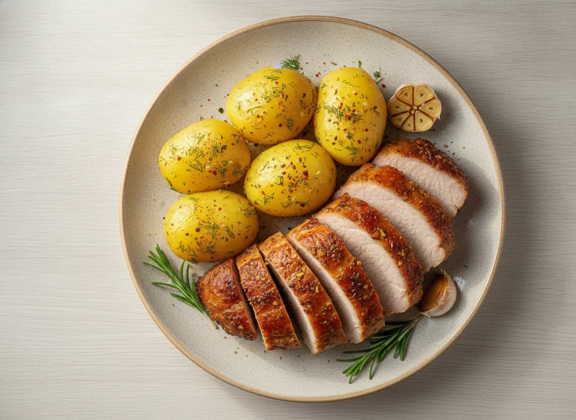 Запеченная свинина с отварным картофелем photo