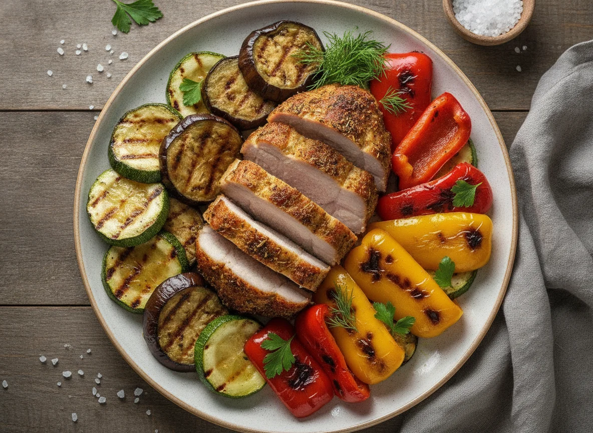 Запеченная свинина с овощами гриль photo