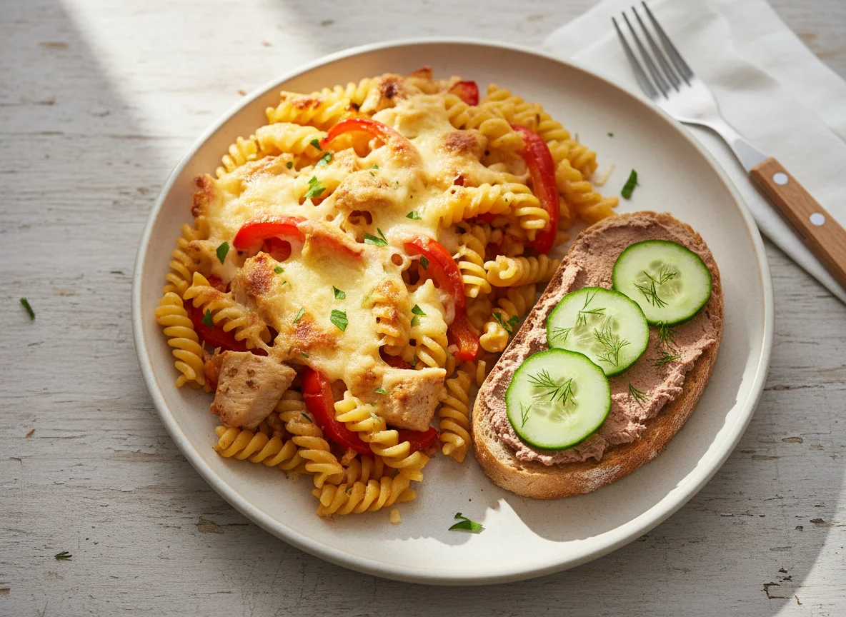 Запеченное блюдо с макаронами и бутербродом photo