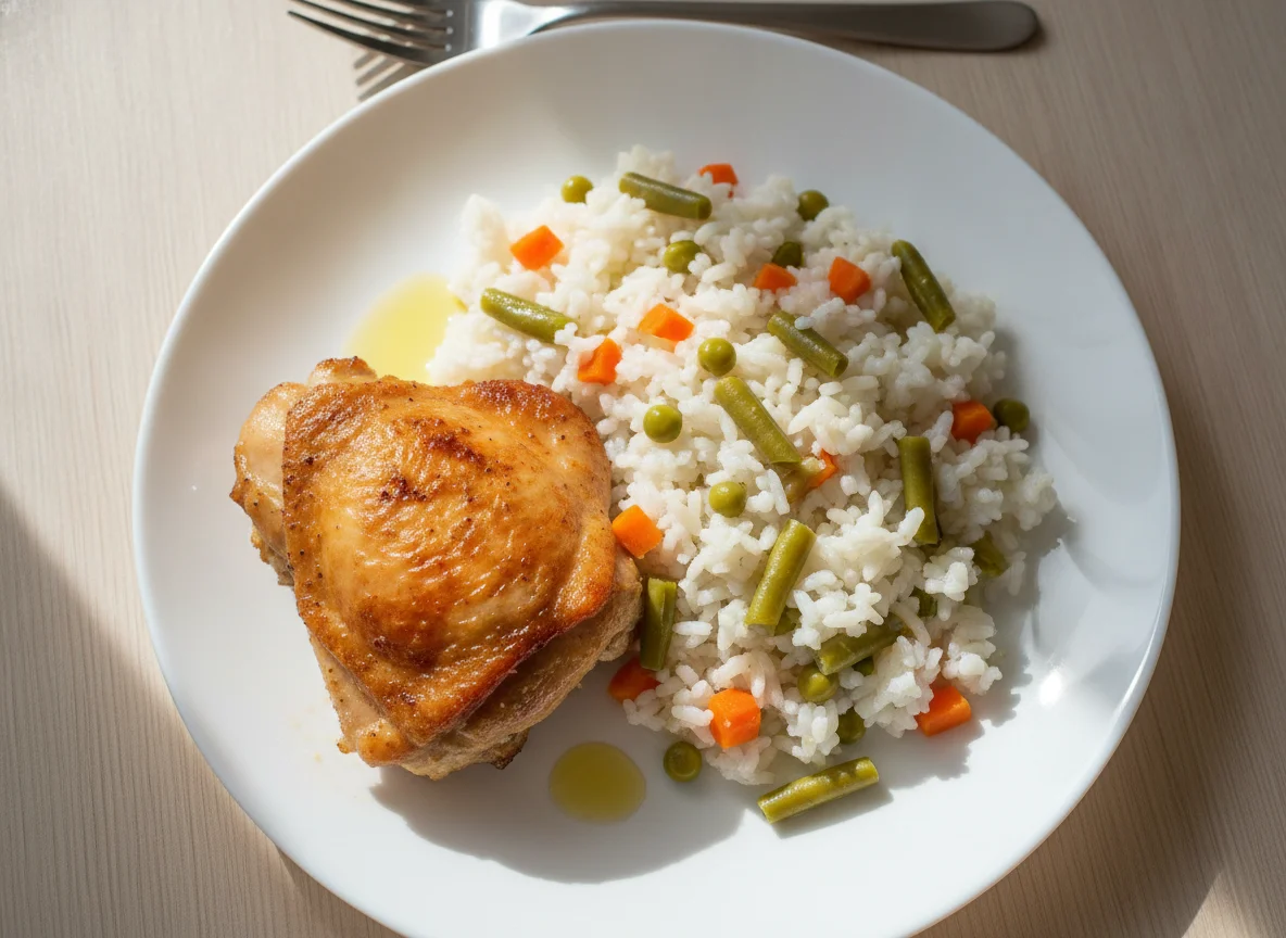 Запеченное куриное бедро с рисом и овощами photo