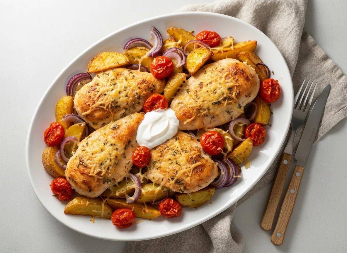 Запеченное куриное филе с картофелем, луком и томатами photo