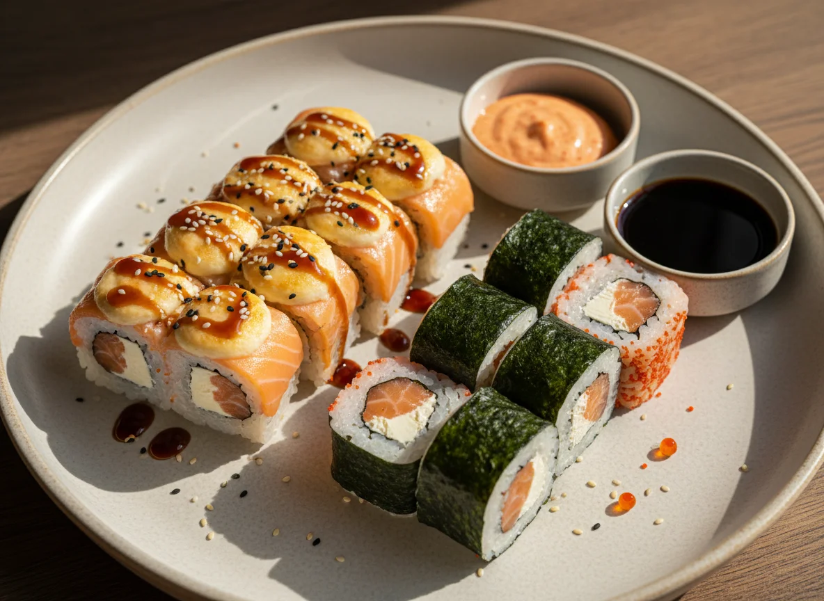 Запеченные и классические роллы с соусом photo