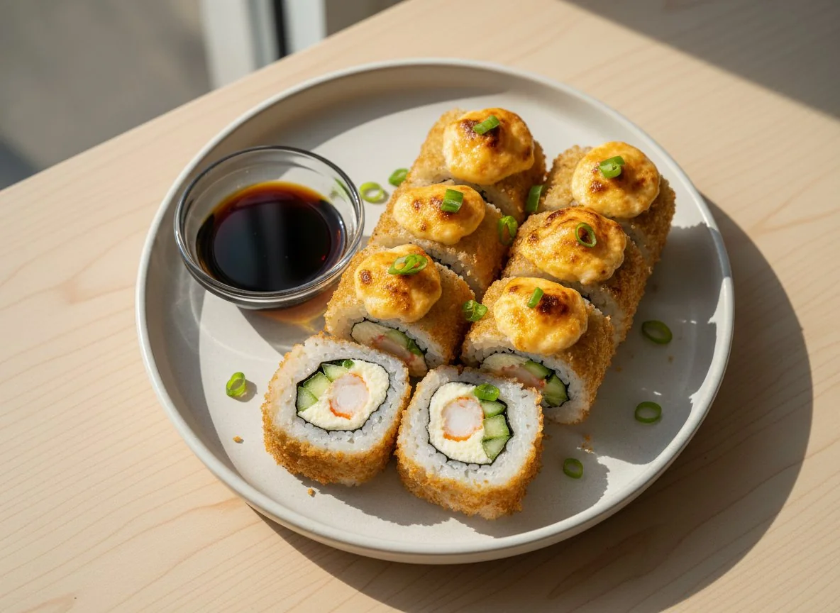 Запеченные и жареные роллы с соевым соусом photo