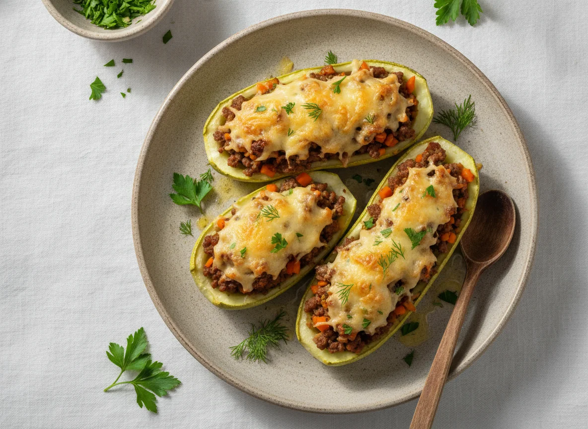 Запеченные кабачки с фаршем и сыром photo