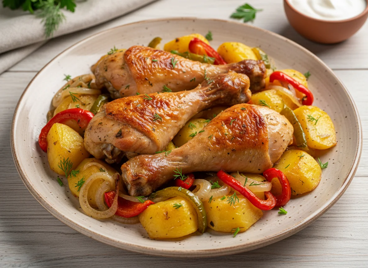 Запеченные куриные голени с картофелем и овощами photo