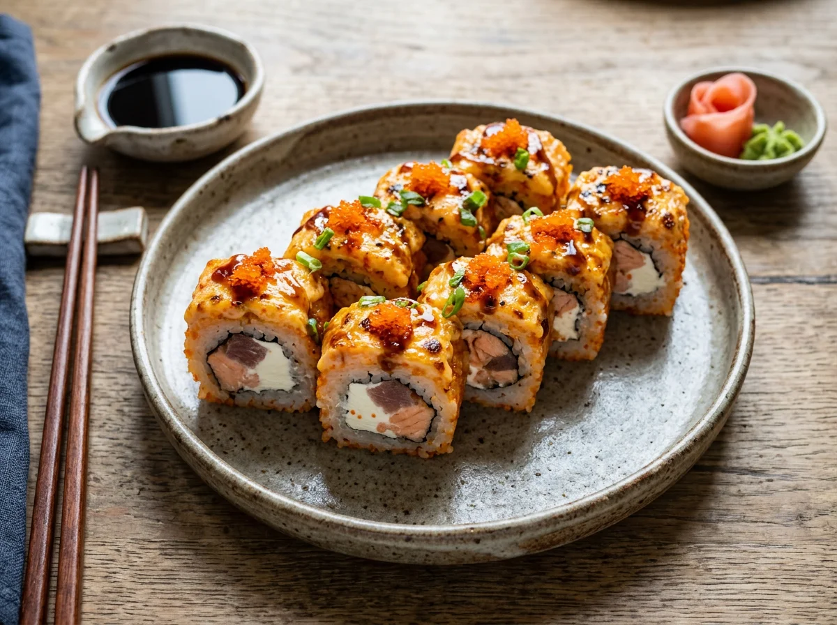 Запеченные роллы с икрой тобико photo