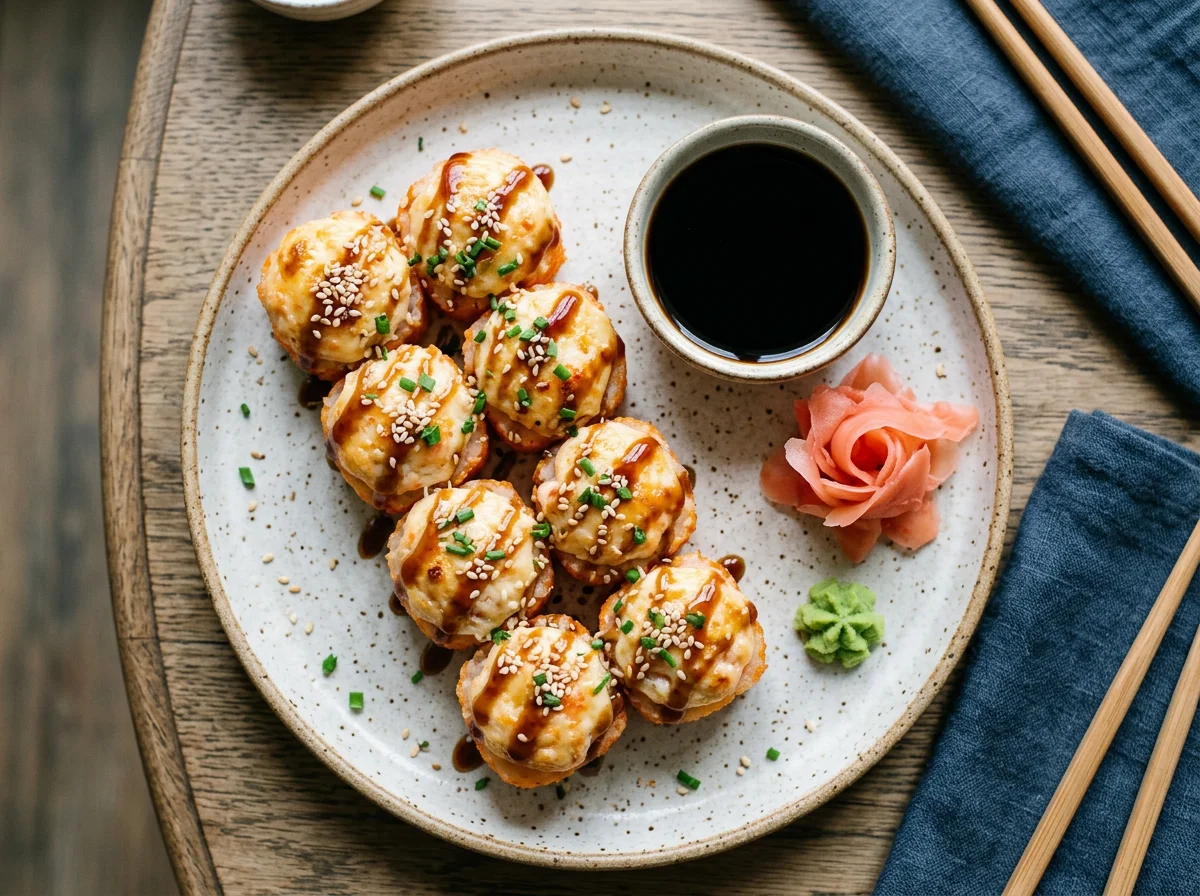 Запеченные роллы с имбирем и соевым соусом photo