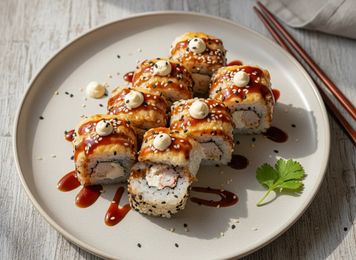 Запеченные роллы с крабовым мясом и соусом терияки photo