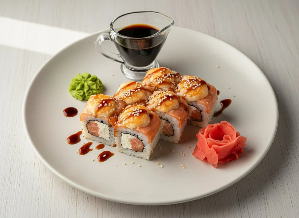 Запеченные роллы с соевым соусом photo