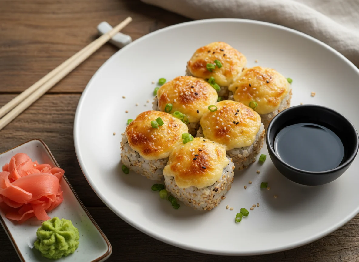 Запеченные роллы с соевым соусом, васаби и имбирем photo