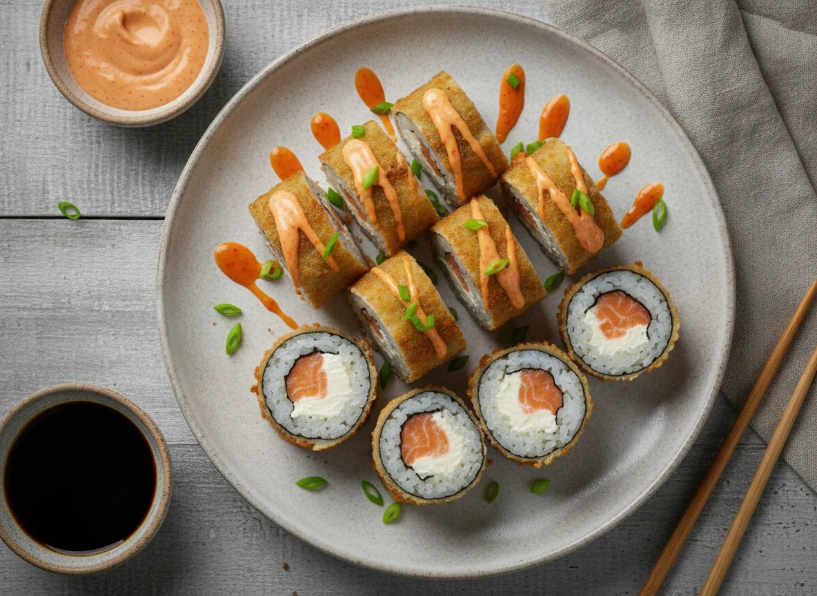 Запеченные роллы с соусом спайси photo