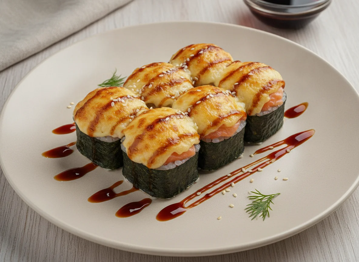 Запеченные роллы с сырной шапкой и соусом унаги photo